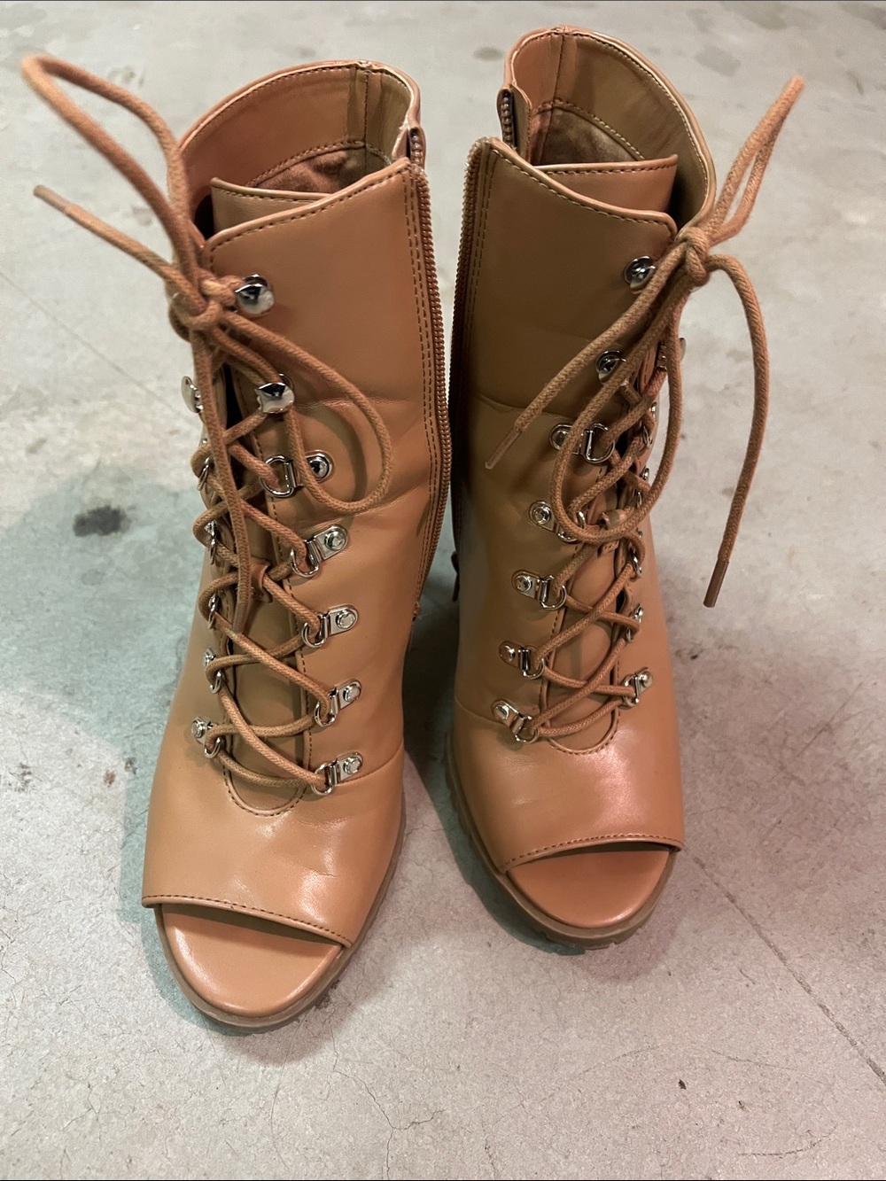 INC International Concepts Tan Lace-Up Peep Toe Heeled Boots